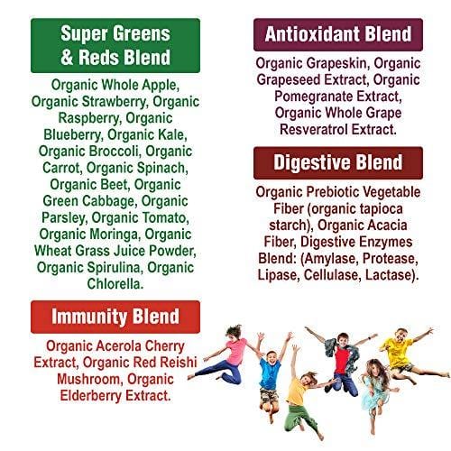 Kids Greens and Reds Superfood Powder. Best Tasting Organic Vegan Super Food Juice with 25+ Real Fruits and Vegetables. Gluten Free Real Food Vitamins. Green & Red Superfoods Supplement Children