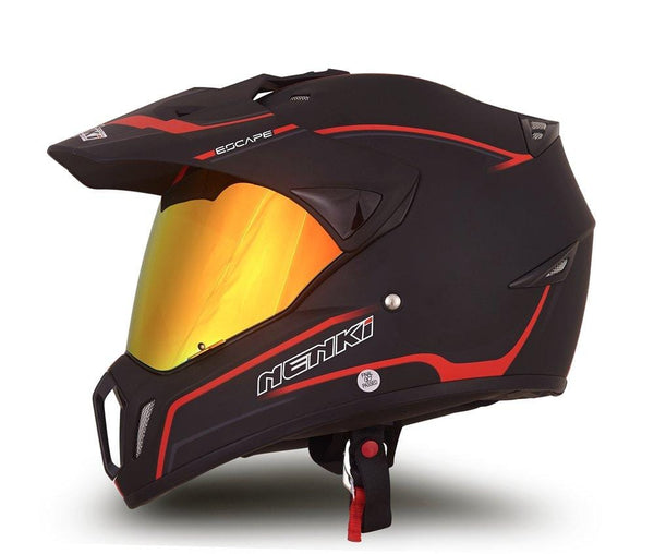 Dual Sport Helmet by NENKI Full Face Motocross & Motorcycle Helmets Dot Approved With Iridium Red Visor Attached Clear Visor NK-310 (L, Matt Black & Red)