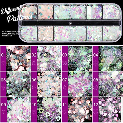 Teenitor 12 box Holographic Nail Sequin, Mixed Paillettes for Acrylic Gel PolishTips, Nail Sparkle Glitter Sheets Nail Art Craft Decoration