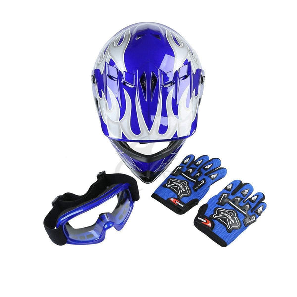 TCT-MT Helmet Goggles+Gloves New DOT Youth Blue Skull Dirt Bike ATV Motocross Large