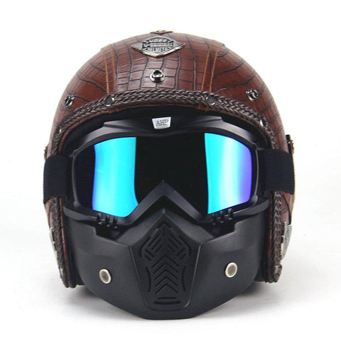 AUTOPDR 3/4 Motorcycle Chopper Bike Helmet Open Face Vintage Motorcycle Helmet with Goggle Mask (L(59-60cm), Brown1)