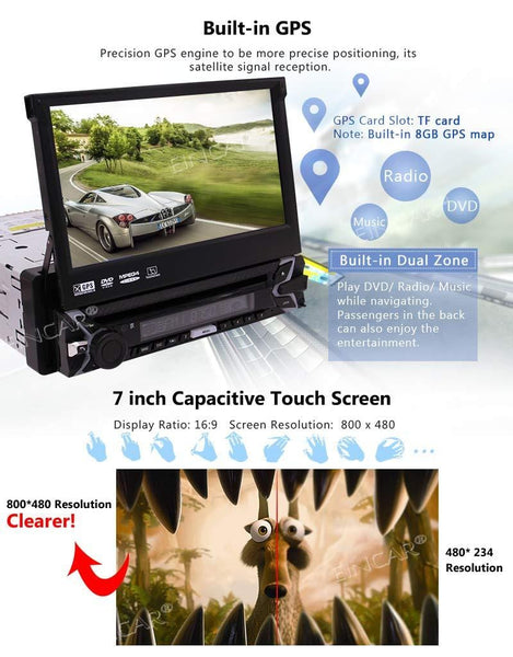 Free Backup Camera Included! 7 inch Retractable Capacitive Touch Screen Wince System Single 1 Din Car Stereo DVD Player Support GPS Navigation/USB/SD/Cam-in/Work with Bluetooth/SWC