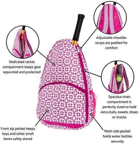 LISH Deuce Tennis Racket Backpack - Women's Geometric Square Printed Tennis Racquet Holder Bag (Rose)