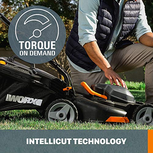 Worx WG743 40V PowerShare 4.0Ah 17" Lawn Mower w/ Mulching & Intellicut (2x20V Batteries),Black and Orange
