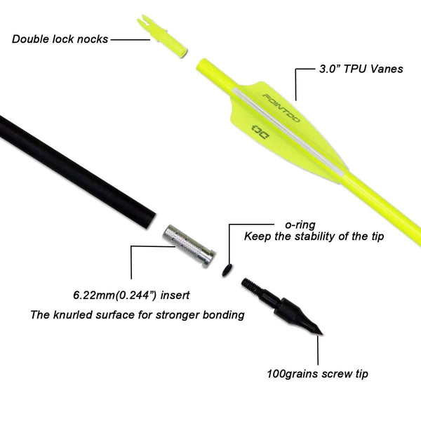 Pointdo 30inch Carbon Arrow Fluorescence Color Targeting and Hunting Practice Arrows for Compound Bow and Recurve Bow with Removable Tips (Fluorescein Yellow)