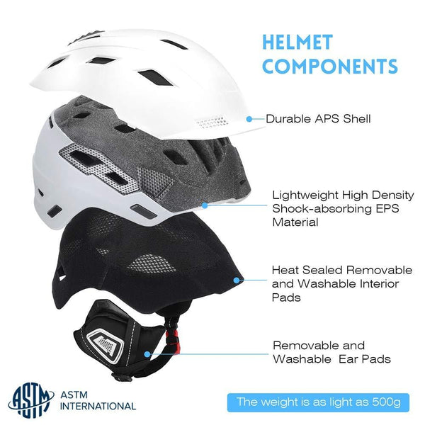 Megaloceros Ski Helmet with ASTM Certified, Removable Washable Ear Pads and 2 Sets of Liner, Shockproof Snow Sports Helmet for Men, Women and Youth, Snowboard Helmet with 20 Vents, White, M