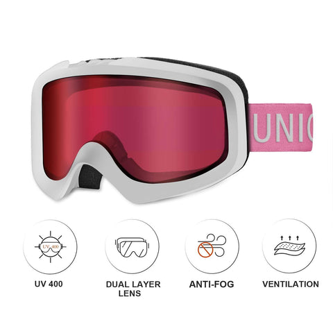 Unigear Skido X1 Ski Goggles, Snowboard Snow Goggles for Men, Women & Youth - Anti-Fog & 100% UV Protection (Rose Red Lens (VLT 32%))