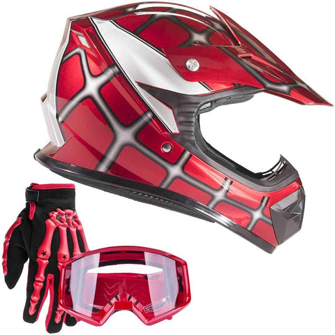 Typhoon Youth Kids Offroad Gear Combo Helmet Gloves Goggles DOT Motocross ATV Dirt Bike MX Spiderman Red, Medium