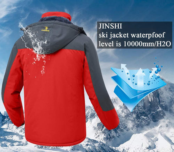 JINSHI Men's Snow Jacket Waterproof Ski Jackets Winter Hooded Mountain Fleece Jacket (Red,L)
