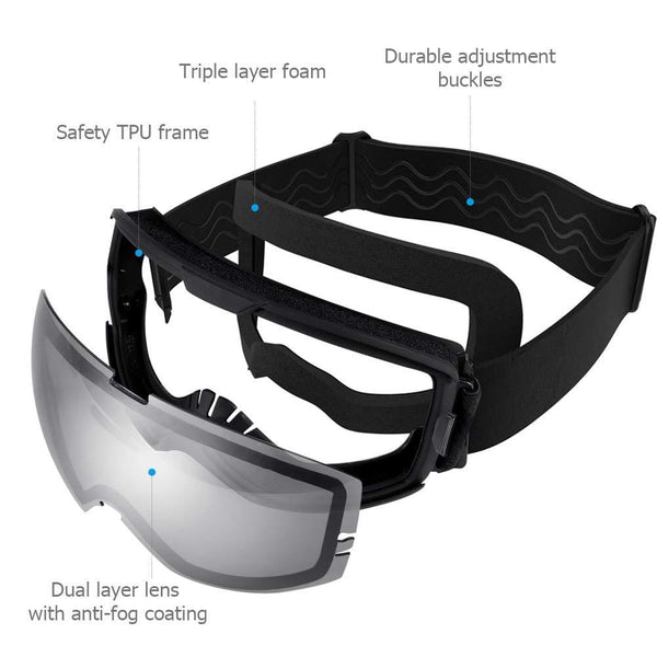 KUYOU Ski Goggles - OTG Snow Goggles,Over The Glasses Snowboard Goggles Anti-Fog 100% UV Protection for Men Women Youth (Black, M :Youth/Adult)