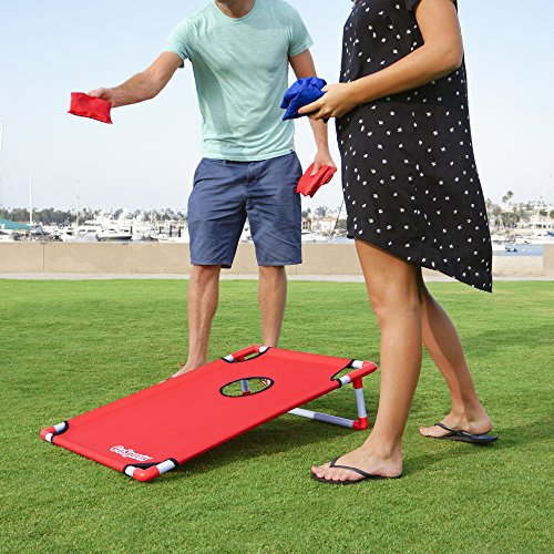 GoSports Portable PVC Framed Cornhole Toss Game Set with 8 Bean Bags and Travel Carrying Case - Choose American Flag Design, Red & Blue or Football