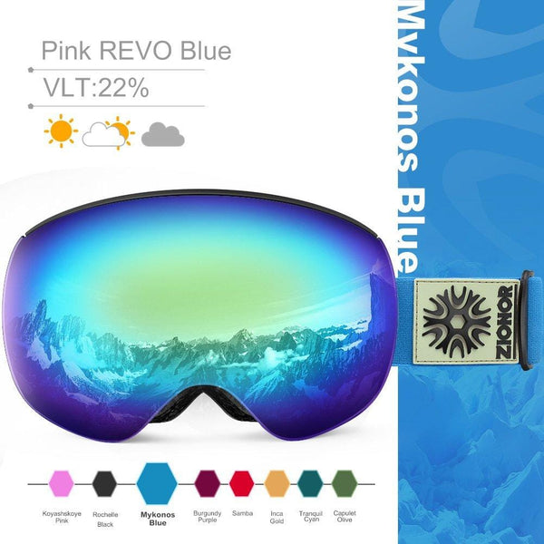 ZIONOR X4 PRO Ski Snowboard Snowmobile Goggles with Magnet Dual Layer Lens Anti-Fog UV400 Protection Spherical Design Anti-Slip Strap for Men Women (VLT 21.78% Black Frame PinkRevoWhiteIceBlue Lens)