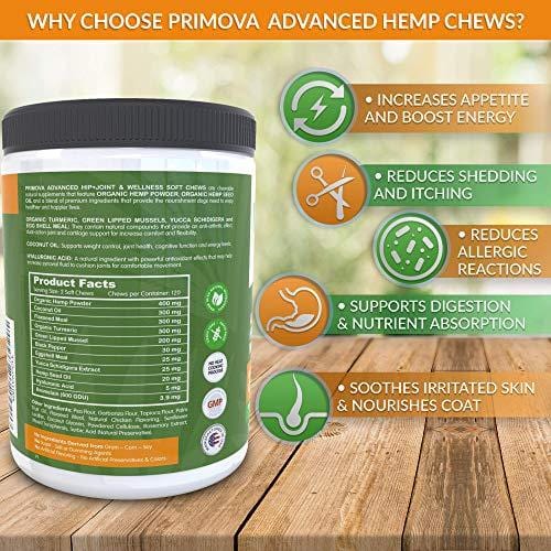 Hemp Hip and Joint Supplement for Dogs 120 Soft chews - Improves Mobility, Reduces Pain and Inflammation with Organic Hemp Oil, Turmeric, Green Lipped Mussel, Coconut oil,Omega 3-6 - MADE IN USA
