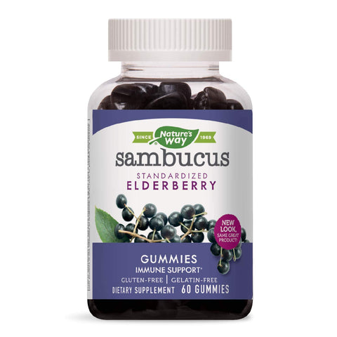 Nature's Way Sambucus Elderberry Gummies, Herbal Supplements with Vitamin C and Zinc, Gluten Free, Vegetarian, 60 Gummies (Packaging May Vary)