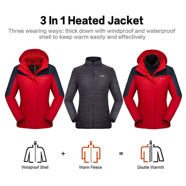 Venustas [2019 New] Women's 3-in-1 Heated Jacket with Battery Pack, Ski Jacket Winter Jacket with Removable Hood Waterproof Red