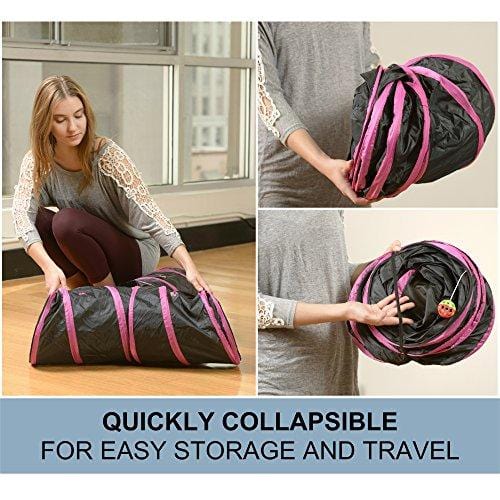 Prosper Pet Cat Tunnel - Collapsible 3 Way Play Toy - Interactive Tube Toys for Rabbits, Kittens, and Dogs - Black/Pink