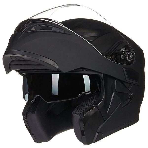 ILM Motorcycle Dual Visor Flip up Modular Full Face Helmet DOT 6 Colors (L, MATTE BLACK)