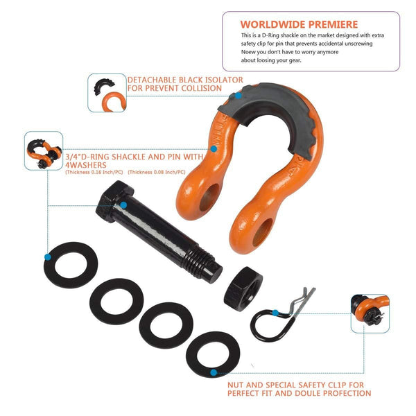 AMBULL Shackles 3/4 Inch D Ring Shackle (2 Pack) 41,850lb Break Strength with 7/8 Inch Pin, Isolator and Washer Kits for Use with Tow Strap, Winch, Off-Road Jeep Truck Vehicle Recovery, Orange