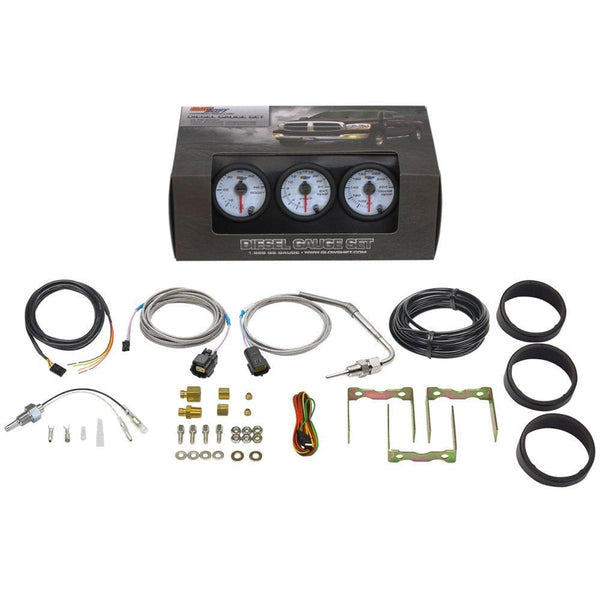 GlowShift White 7 Color Diesel Truck 3 Gauge Kit Set - 60 PSI Boost - 2400 F Pyrometer Exhaust Gas Temp EGT - Transmission Temperature - White Dial - Clear Lens - 2-1/16" 52mm