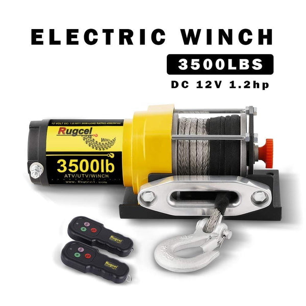 RUGCEL Winch Waterproof IP68 Winch with Hawse Fairlead, Synthetic Rope, 2 Wired Handle and 2 Wireless Remote (3500 lb.Load Capacity)