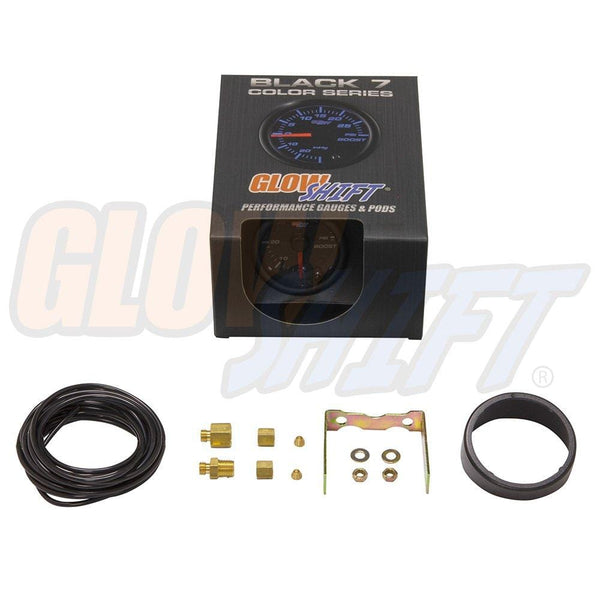 GlowShift Black 7 Color 60 PSI Turbo Boost Gauge Kit - Includes Mechanical Hose & Fittings - Black Dial - Clear Lens - for Diesel Trucks - 2-1/16" 52mm