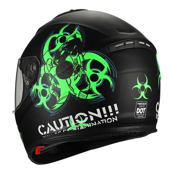 "Biohazard" Full Face Matte Green Dual Visor Street Bike Motorcycle Helmet by Triangle [DOT] (Medium)
