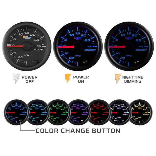 GlowShift Black 7 Color 60 PSI Turbo Boost Gauge Kit - Includes Mechanical Hose & Fittings - Black Dial - Clear Lens - for Diesel Trucks - 2-1/16" 52mm