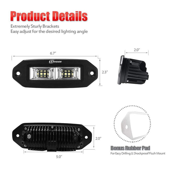 Flush Mount LED Pods, SS VISION 2Pcs 6.7 Inch 40W 3600LM Flood CREE LED Work Light Bar - Off Road Backup Reverse Lights for Jeep ATV UTV SUV Bumper Truck Boat