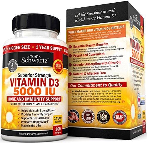 Vitamin D3 5,000 IU. Superior Absorption. 360 Tiny Softgels. Gluten Free & Non-GMO Best Vitamin D3 Supplement. Healthy Muscle Function, Bone Health and Immune Support. Made in USA