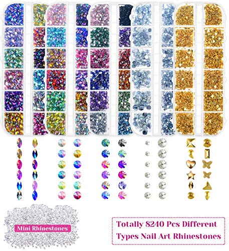 Selizo 8240pcs Nail Rhinestones, Rhinestones for Nails, Nail Gems Crystals Nail Art Rhinestones Supplies with Rhinestone Glue for Nails Art Decoration