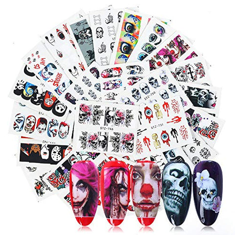 Halloween Nail Stickers Day of the Dead Nail Art Accessories Decals 25 Sheets Ghost Skull Eye Clown Hulk Water Transfer Nail Art Stickers for Halloween Party Supply Fingernails Toenails Decorations
