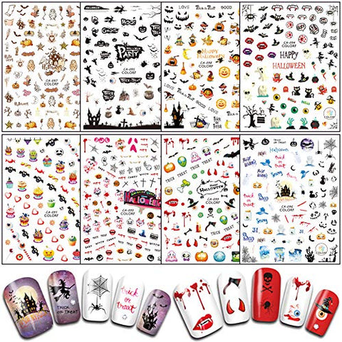 Halloween Nail Stickers Decals DIY Nail Art Tips Accessories 8 Sheets Pumpkin Witch Spider Bat Ghost Eye Nail Art Stickers Self-adhesive Designs Fingernails Toenails Decorations for Halloween Party