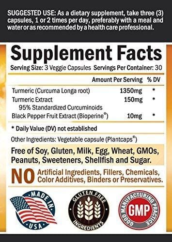 Turmeric Curcumin with Bioperine 1500mg. Highest Potency Available. Premium Pain Relief & Joint Support with 95% Standardized Curcuminoids. Non-GMO, Gluten Free Turmeric Capsules with Black Pepper