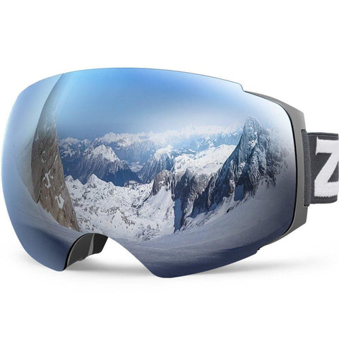 ZIONOR X4 Ski Snowboard Snow Goggles Magnet Dual Layers Lens Spherical Design Anti-Fog UV Protection Anti-Slip Strap for Men Women (VLT 8.59% Matte Grey Frame Grey Revo Silver Lens)