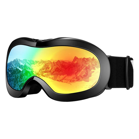 VELAZZIO Kids Ski Goggles, Snowboard Goggles OTG Snow Goggles Anti-Fog Double-Layer Lenses, 100% UV Protection (Black Frame/Grey Lens with REVO Red Coating (VLT 15%))