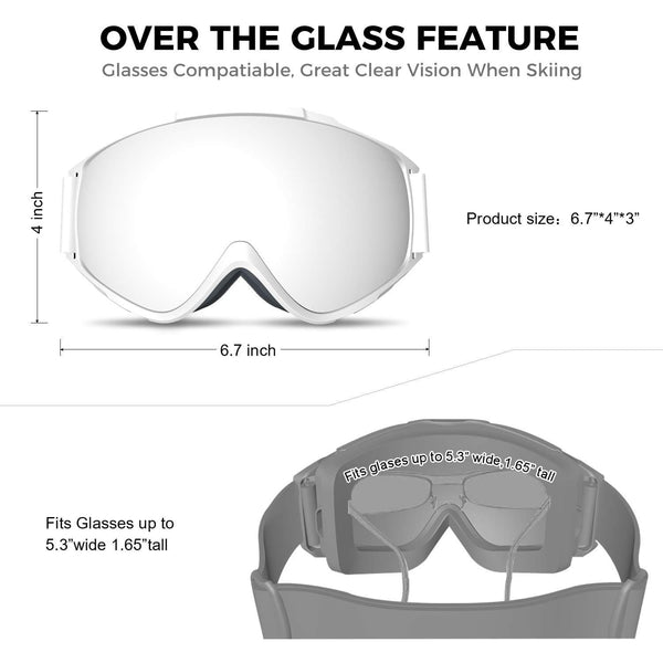 WhiteFang Ski Goggles, Over Glasses OTG Snow/Snowboard Goggles for Men Women & Youth, Anti-Fog Dual Layer Lens & 100% UV400 Protection (Bright Silver Frame-Silver Lens VLT 7%)