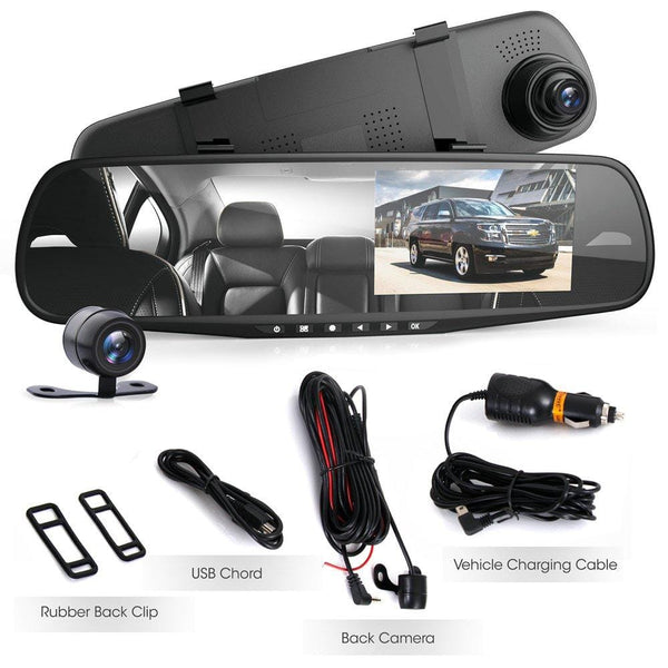 Pyle Dash Cam Rearview Mirror - 4.3" DVR Monitor Rear View Dual Camera Video Recording System in Full HD 1080p w/Built in G-Sensor Motion Detect Parking Control Loop Record Support - PLCMDVR49