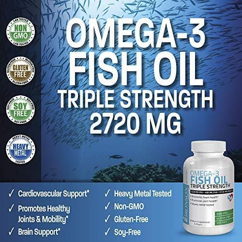 Omega 3 Fish Oil Triple Strength 2720 mg - High EPA 1250 mg DHA 488 mg - Heavy Metal Tested - Non GMO Gluten Free Soy Free - 180 Softgels