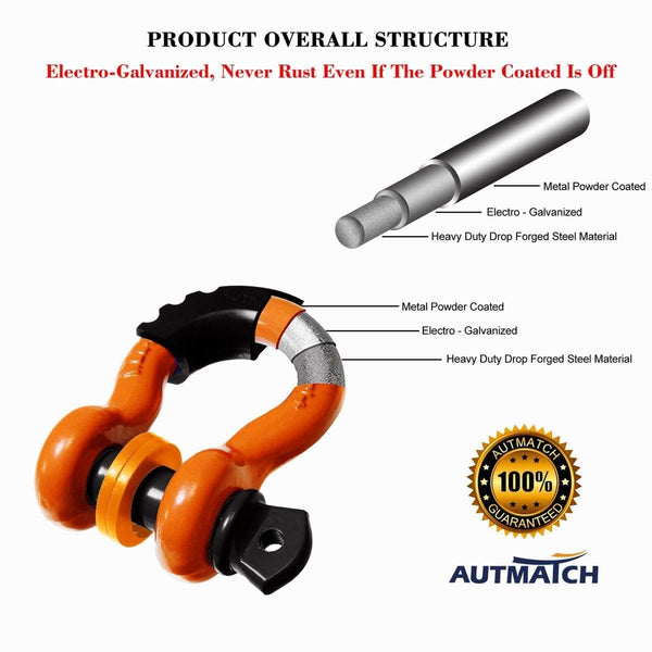 AUTMATCH Shackles 3/4" D Ring Shackle (2 Pack) 41,887Ib Break Strength with 7/8" Screw Pin and Shackle Isolator & Washers Kit for Tow Strap Winch Off Road Towing Jeep Vehicle Recovery Orange & Black
