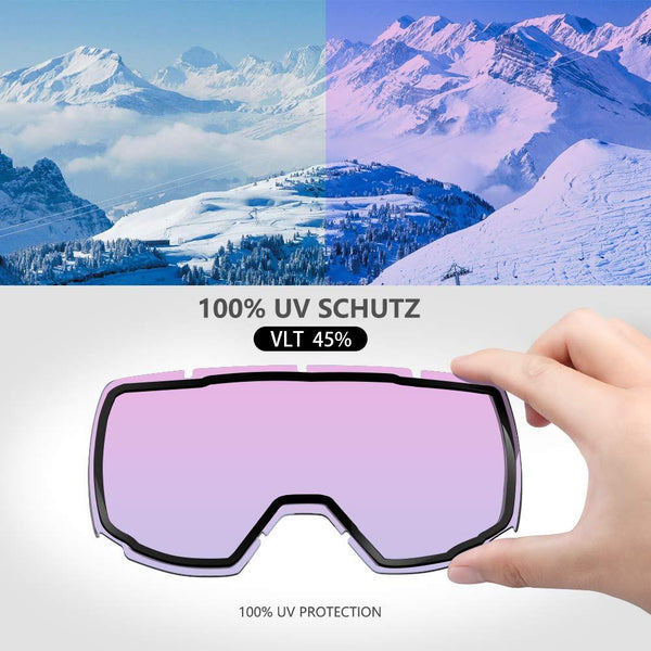 OutdoorMaster OTG Ski Goggles - Over Glasses Ski / Snowboard Goggles for Men, Women & Youth - 100% UV Protection (White Frame + VLT 45% Purple Lens with Full REVO Red)