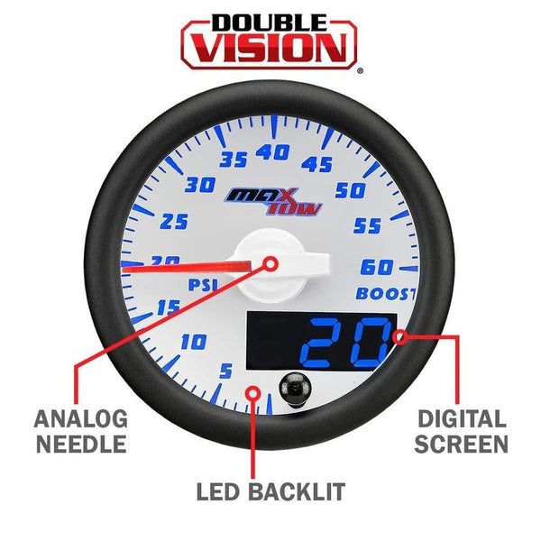 MaxTow Double Vision 1500 F Pyrometer Exhaust Gas Temperature EGT Gauge Kit - Includes Type K Probe - White Gauge Face - Blue LED Dial - Analog & Digital Readouts - for Diesel Trucks - 2-1/16" 52mm