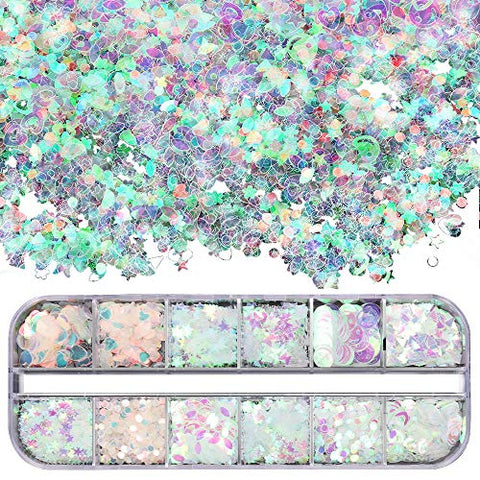 Teenitor 12 box Holographic Nail Sequin, Mixed Paillettes for Acrylic Gel PolishTips, Nail Sparkle Glitter Sheets Nail Art Craft Decoration