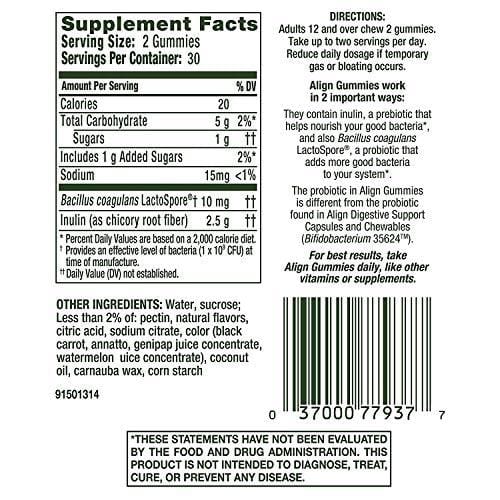 Align Prebiotic + Probiotic Supplement Gummies in Natural Fruit Flavors, 60 ct., No.1 Recommended Probiotic Brand by Doctors (Packaging May Vary)