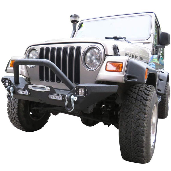 Hunter Front Bumper Compatible for 87-06 Jeep Wrangler TJ & YJ Rock Crawler Black Texture Bumper with Winch Plate & License Plate Bracket & 4X LED Lights & 2X D-Rings Off Road