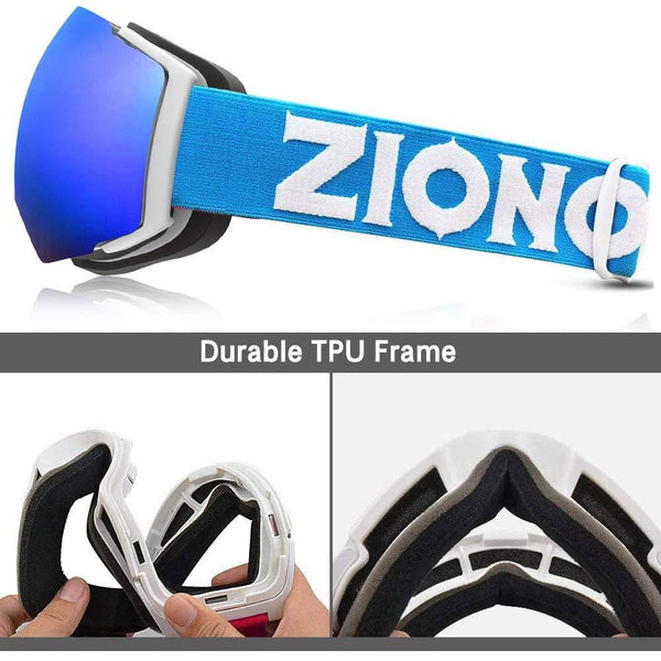 ZIONOR X4 Ski Snowboard Snow Goggles Magnet Dual Layers Lens Spherical Design Anti-Fog UV Protection Anti-Slip Strap for Men Women (VLT 13.67% Light White Frame Grey Revo Blue Lens)