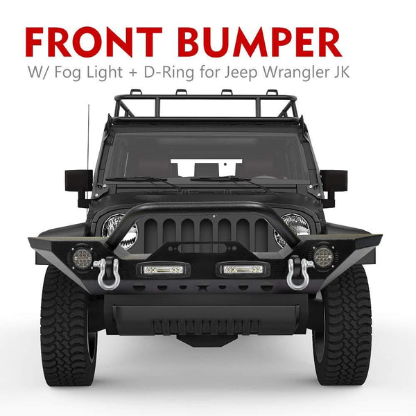 Fieryred Stubby Front Bumper Rock Crawler with Fog Light, D-Ring for 2007-2018 Jeep Wrangler JK