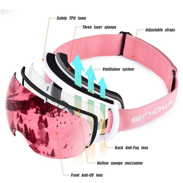 Snowledge Ski Snow Goggles for Men Women, OTG Snowboard Goggles with UV Protection, Anti-Fog Dual Lens Skiing Goggles for Skiing Snowboarding
