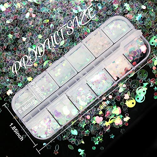 Teenitor 12 box Holographic Nail Sequin, Mixed Paillettes for Acrylic Gel PolishTips, Nail Sparkle Glitter Sheets Nail Art Craft Decoration