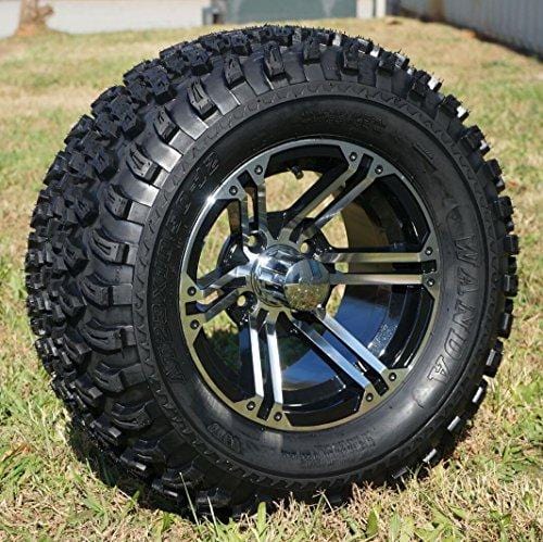 EZGO TXT/Medalist 1994-2001.5 ELECTRIC Golf Cart Drop Axle Lift Kit & 12" TERMINATOR Golf Cart Wheels and 23" All Terrain Golf Cart Tires Combo - Set of 4