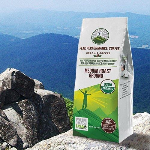 Peak Performance High Altitude Organic Coffee. No Pesticides, Fair Trade, Non GMO, And Beans Full Of Antioxidants! Medium Roast Low Acid Smooth Tasting USDA Certified Organic Ground Coffee 12oz Bag